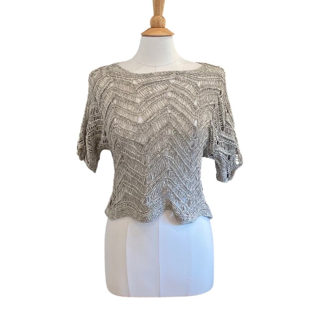 Eileen Fisher Tan Short Sleeve Open Knit Sweater, Minimalist, Boho, Size PS